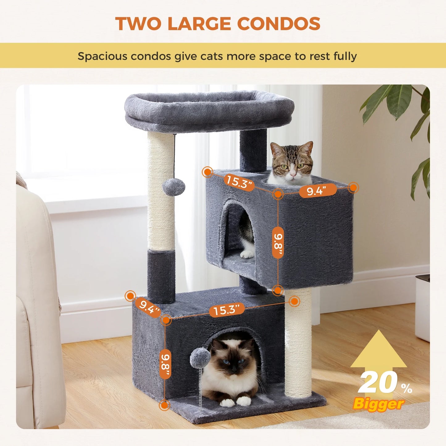 31.5" Modern Cat Tree Tower with Dual Large Condos for Kitten & Medium Size Cat Dark Gray